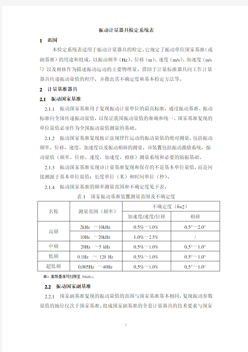 振动计量器具检定系统表