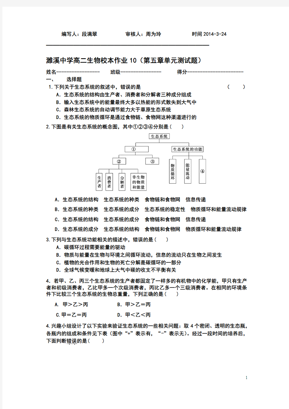 生态系统及其稳定性练习题1