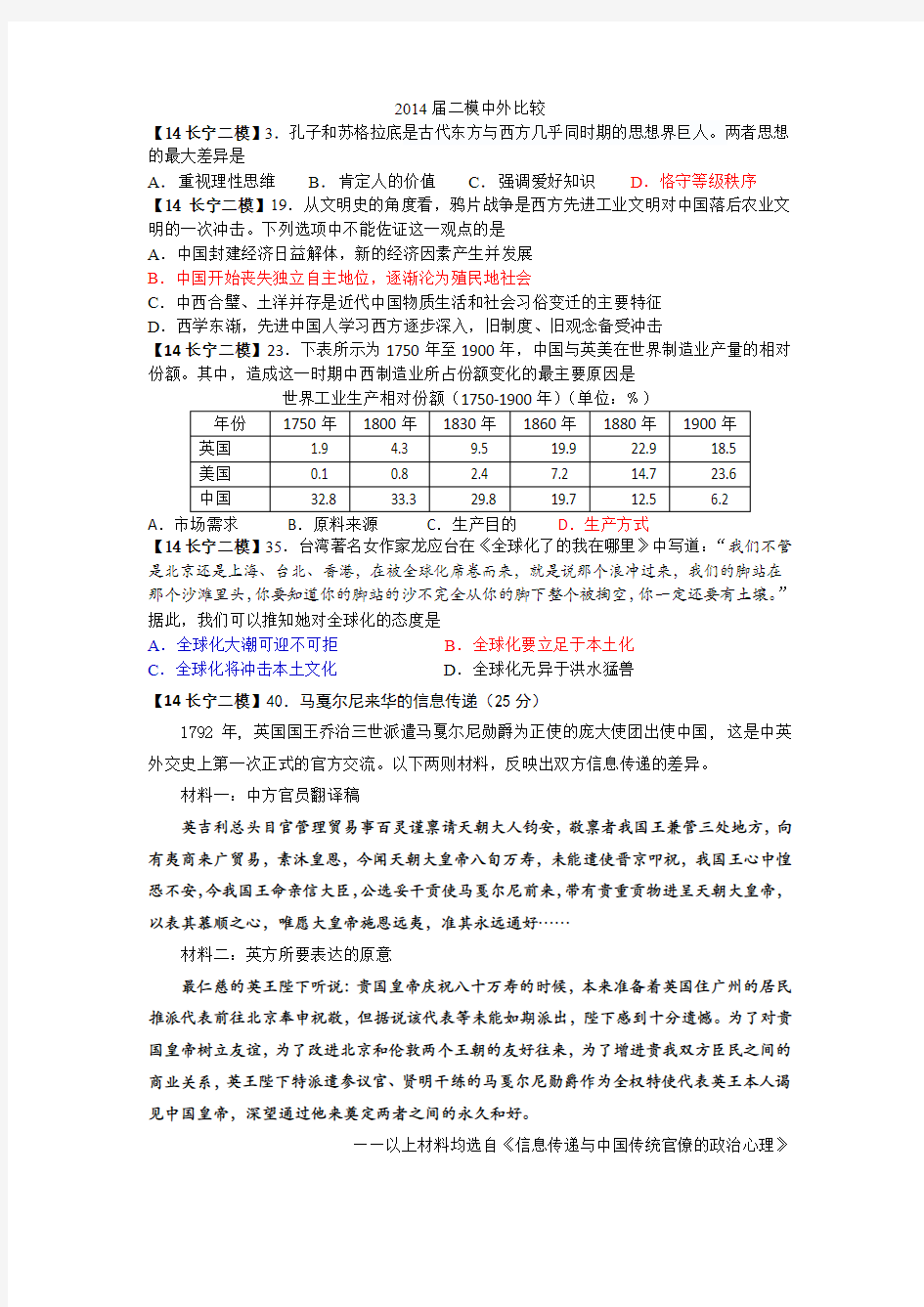 【大区二模】上海市2014年高考历史二模试题汇总——中外比较[华东版][试题]