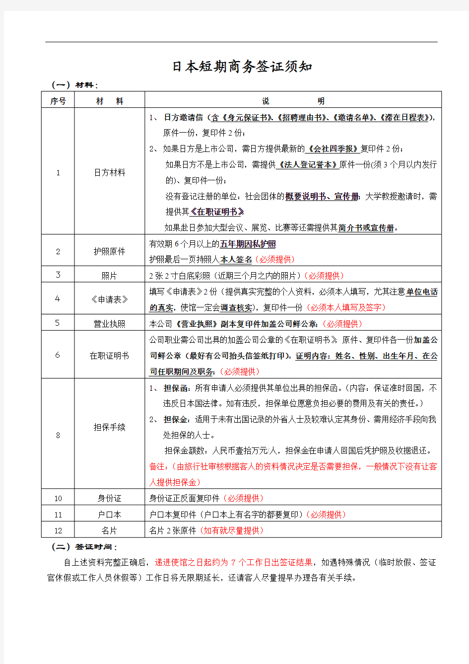 日本短期商务签证办理所需资料