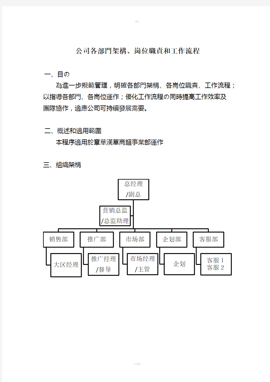 公司各部门架构、岗位职责和工作流程