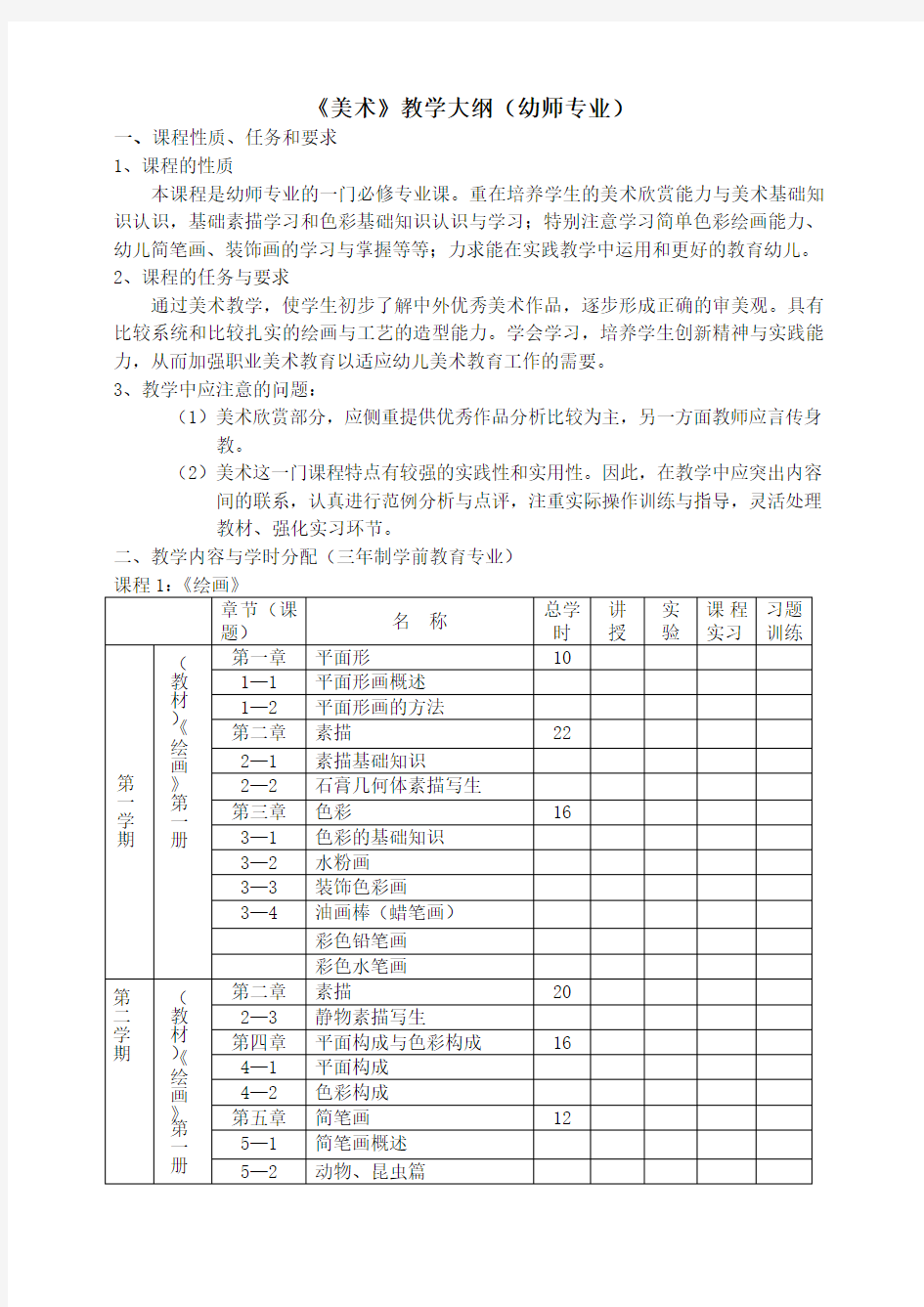 美术教学大纲(幼师专业)(全面)