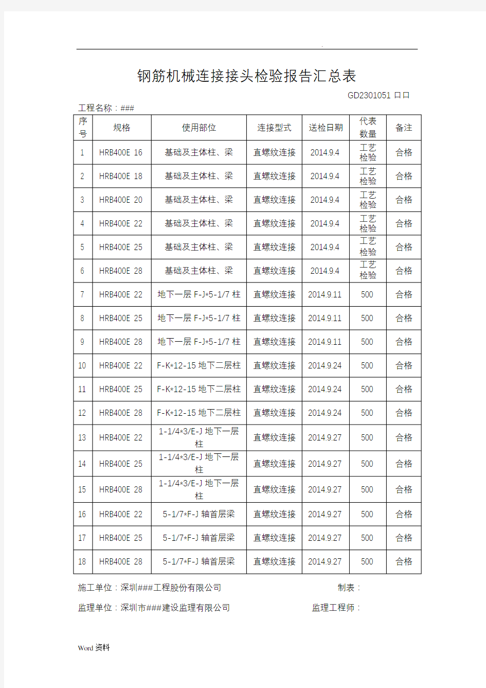 钢筋机械连接接头检验报告汇总表