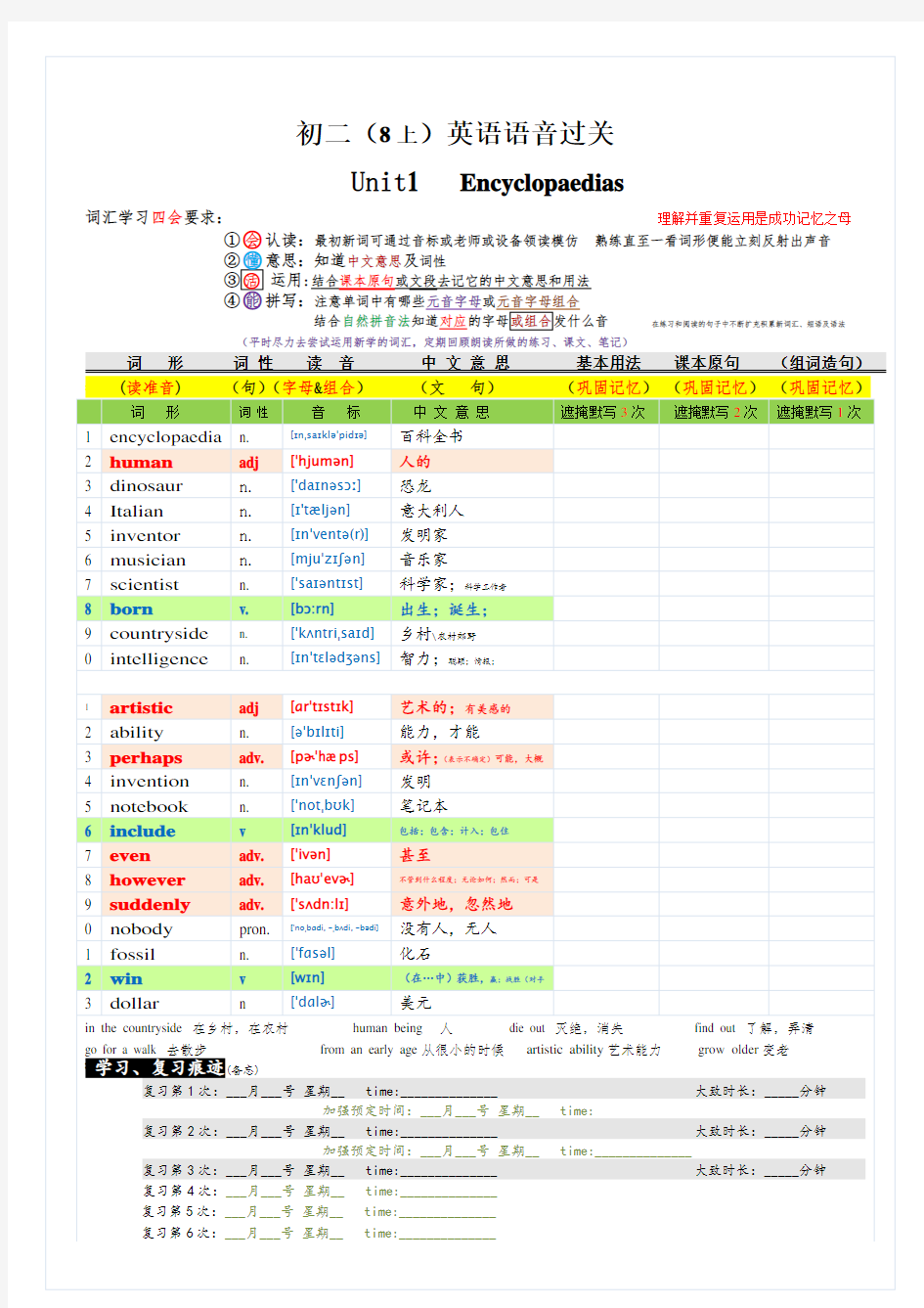 2017-2018学年沪教牛津版初中英语初二8年级上英语单词(含音标)