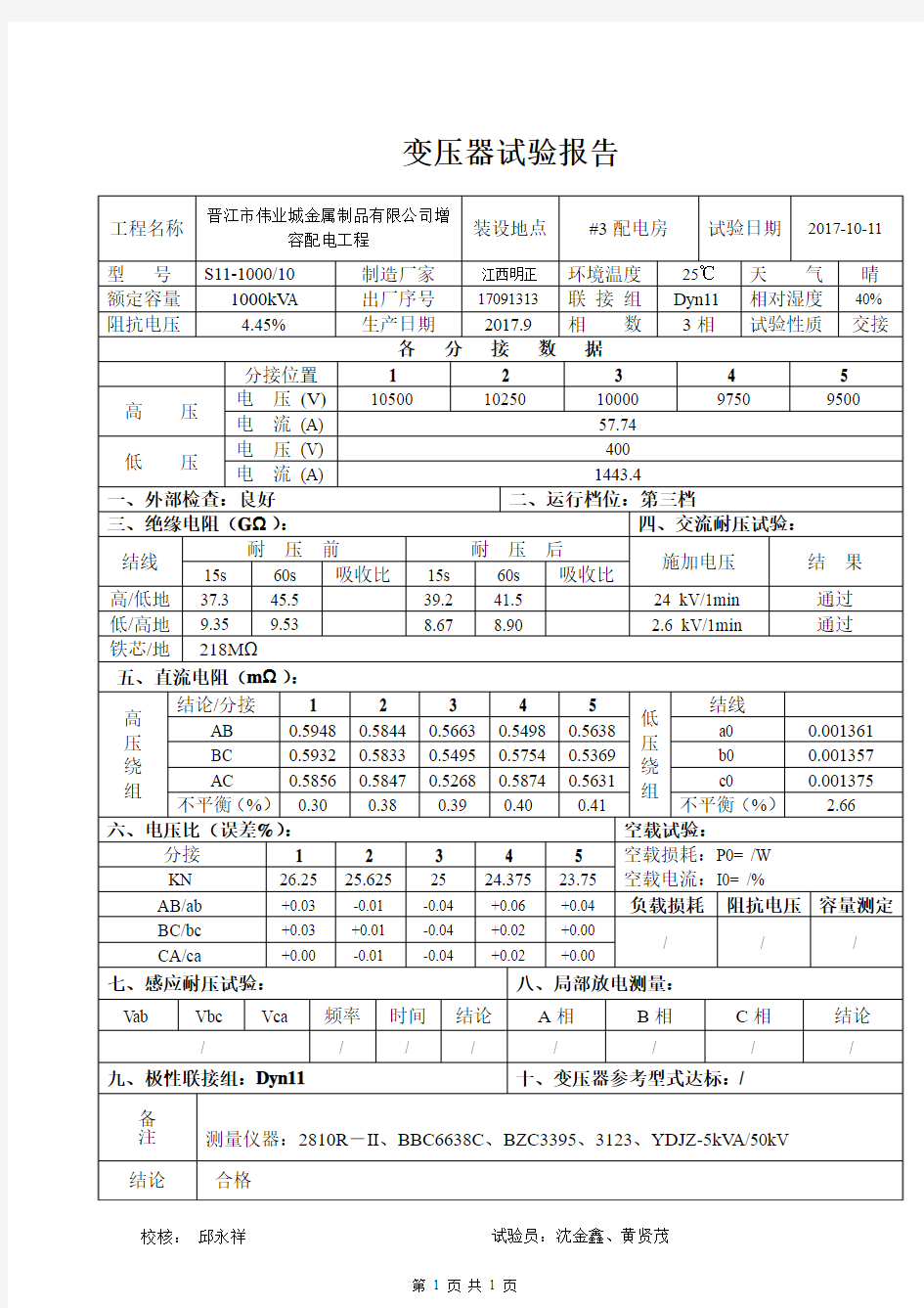 10kV变压器试验报告