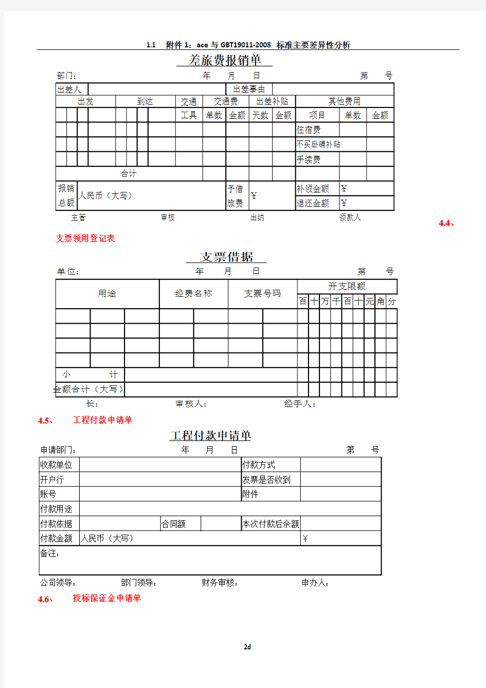 财务部日常业务表格