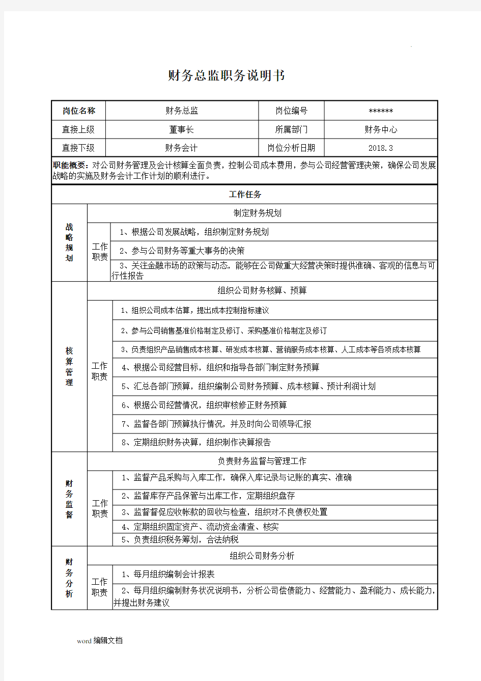 财务总监岗位说明书最新版