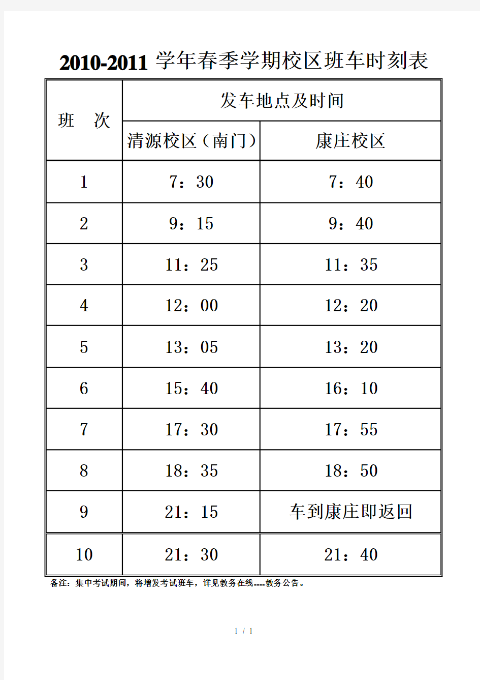 北京石油化工学院校区班车时刻表