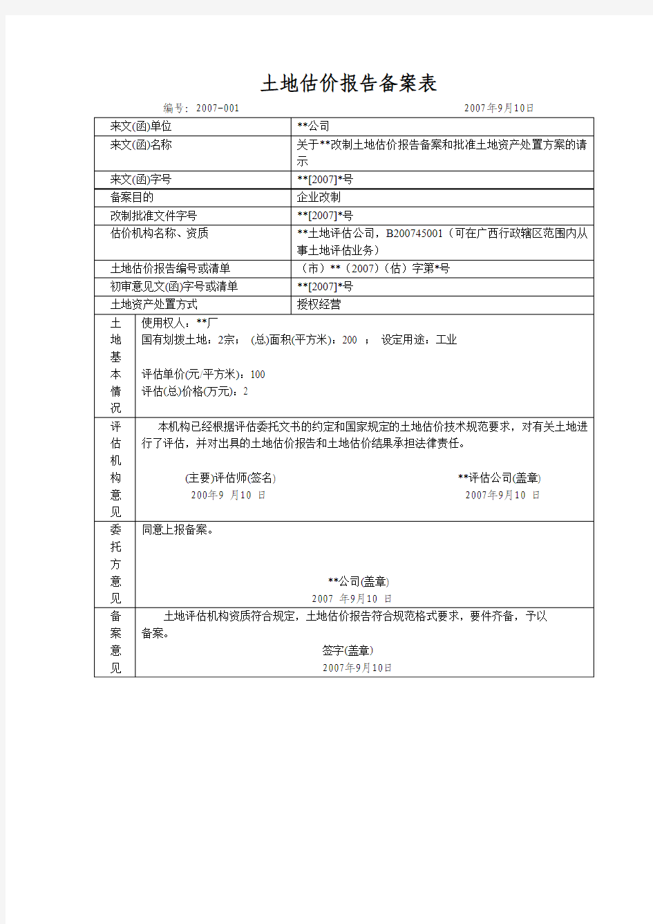 土地估价报告备案表