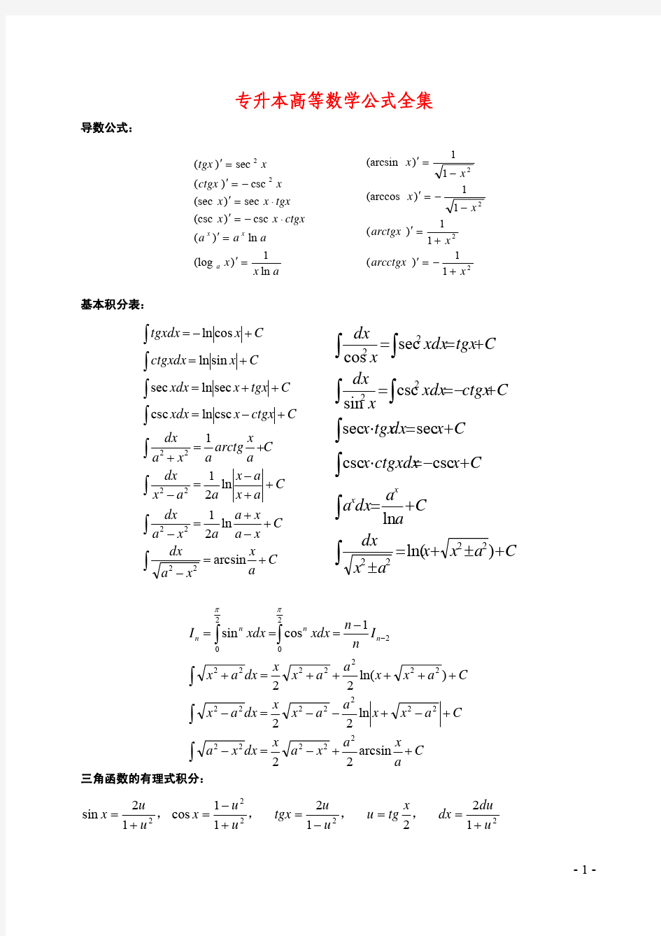 专升本《高等数学》公式全集