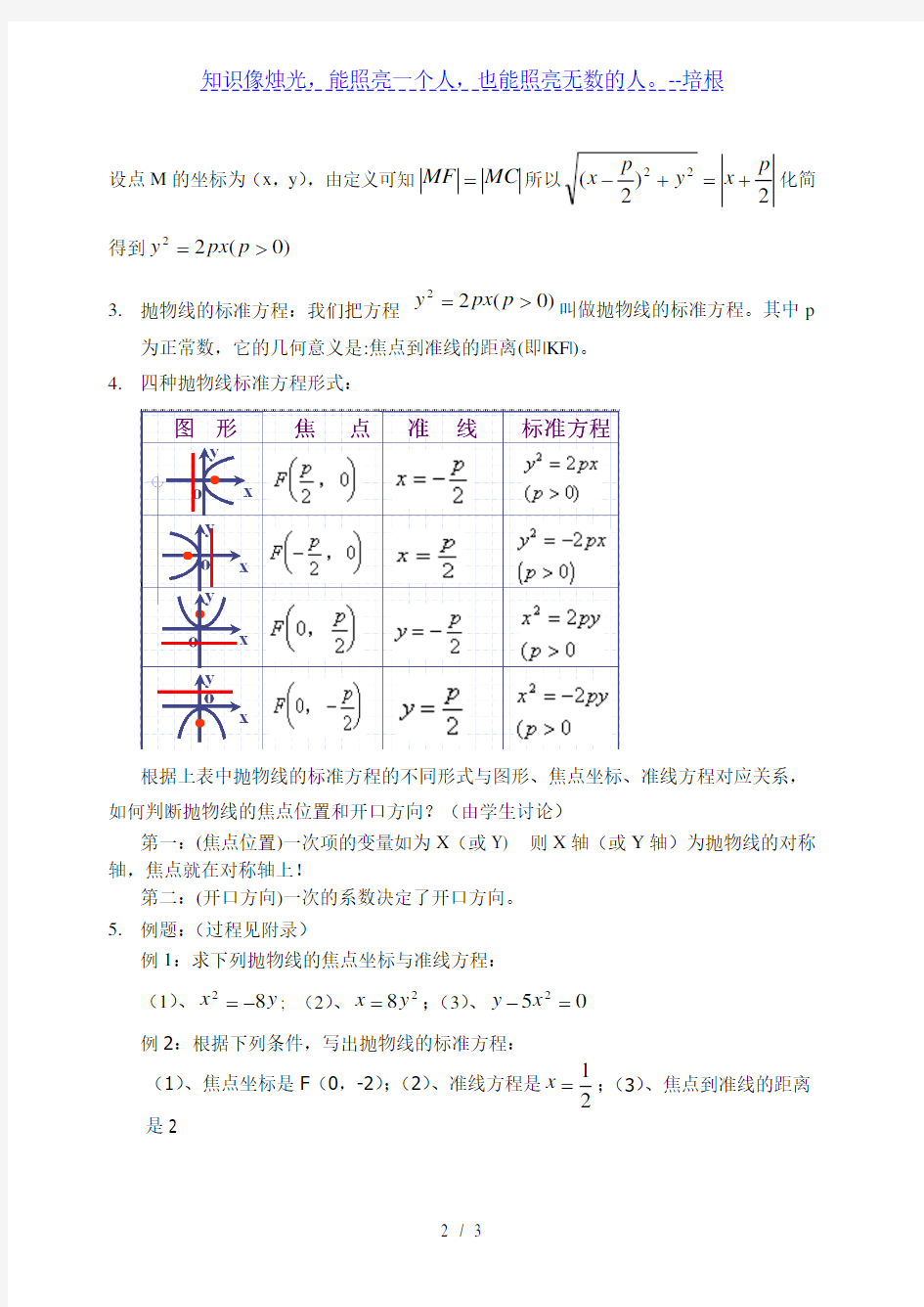 沪教版高中数学高二下册 -12.7 抛物线的标准方程 教案