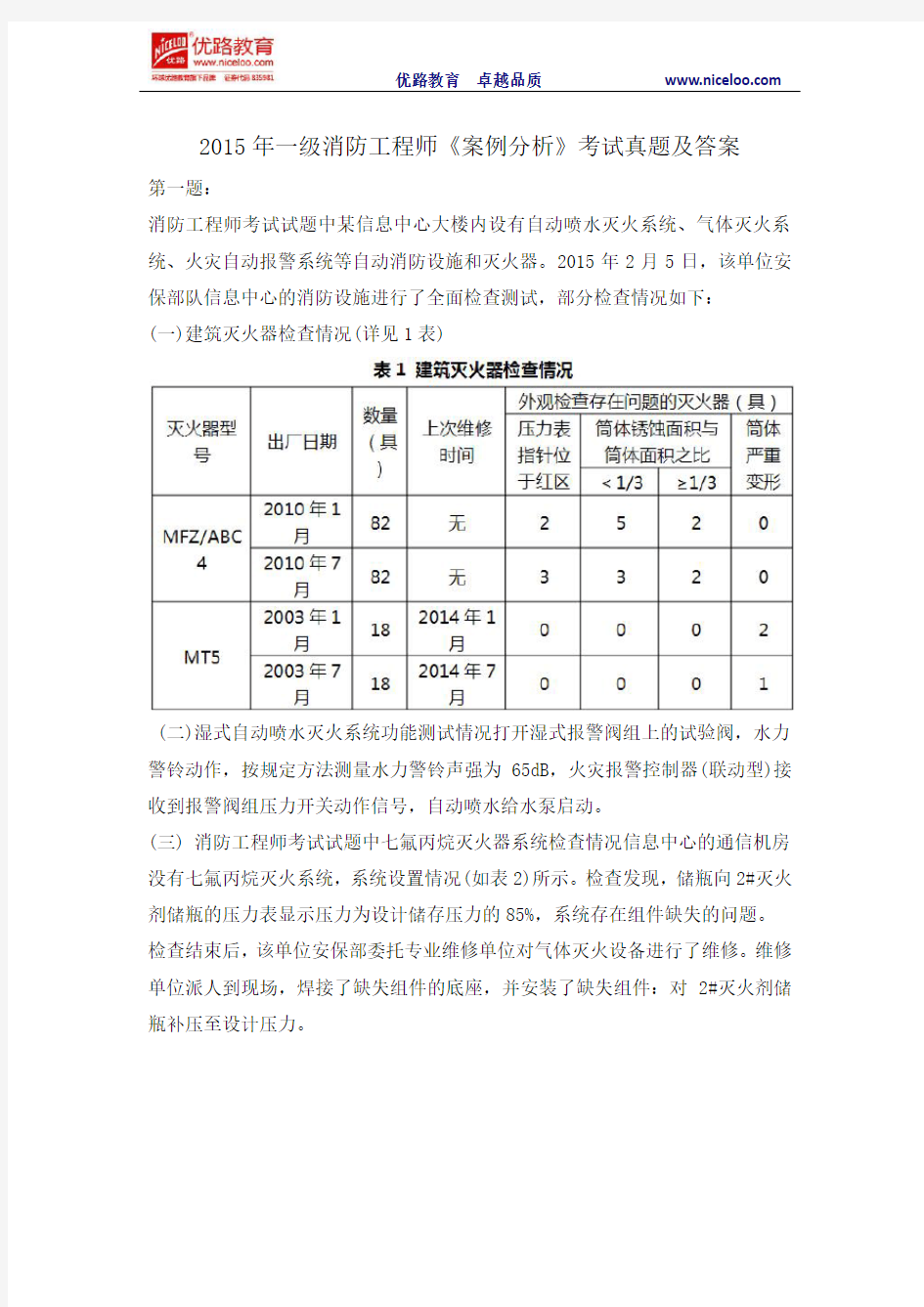 2015年一级消防工程师《案例分析》考试真题及答案