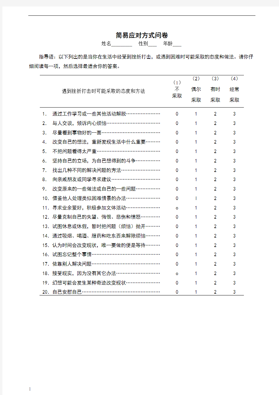 简易应对方式问卷