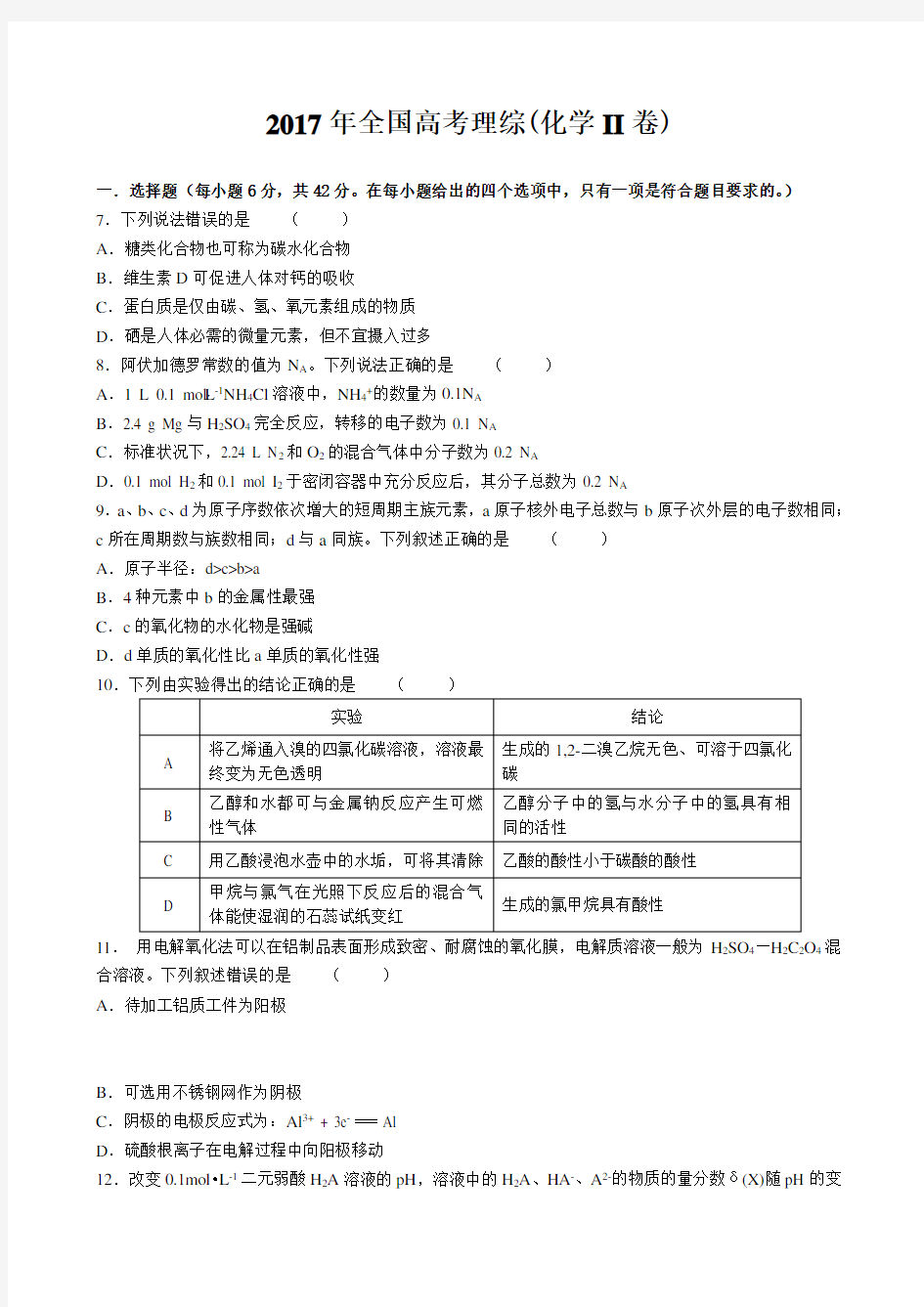 2017年高考全国理综 2卷  化学试题及参考答案