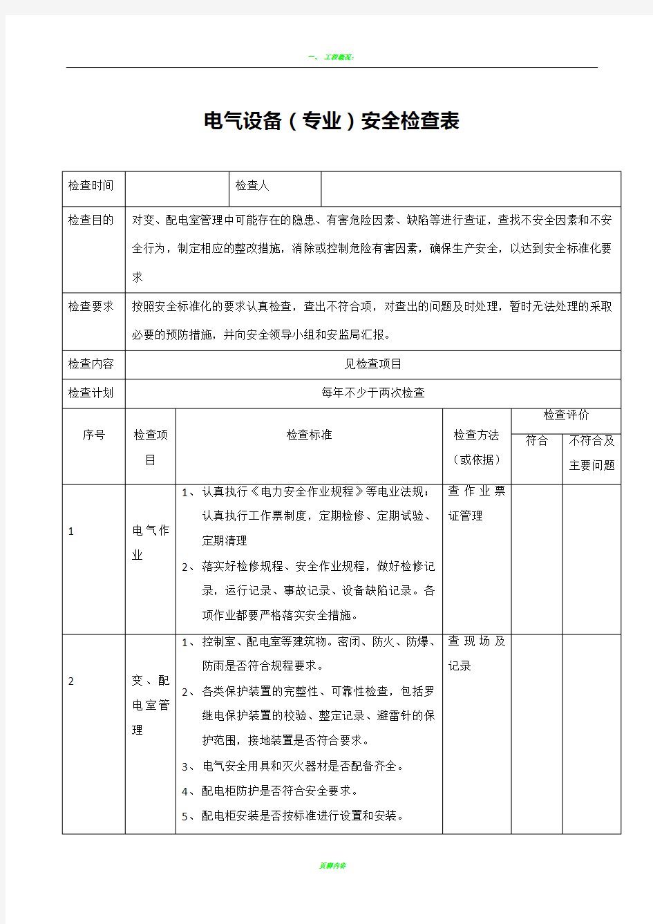 电气设备(专业)安全检查表