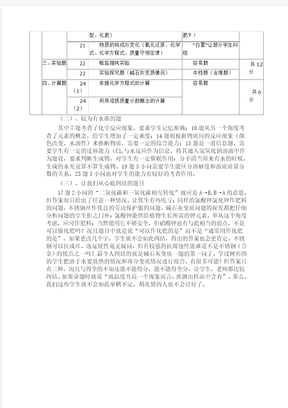 重庆市化学中考试卷分析