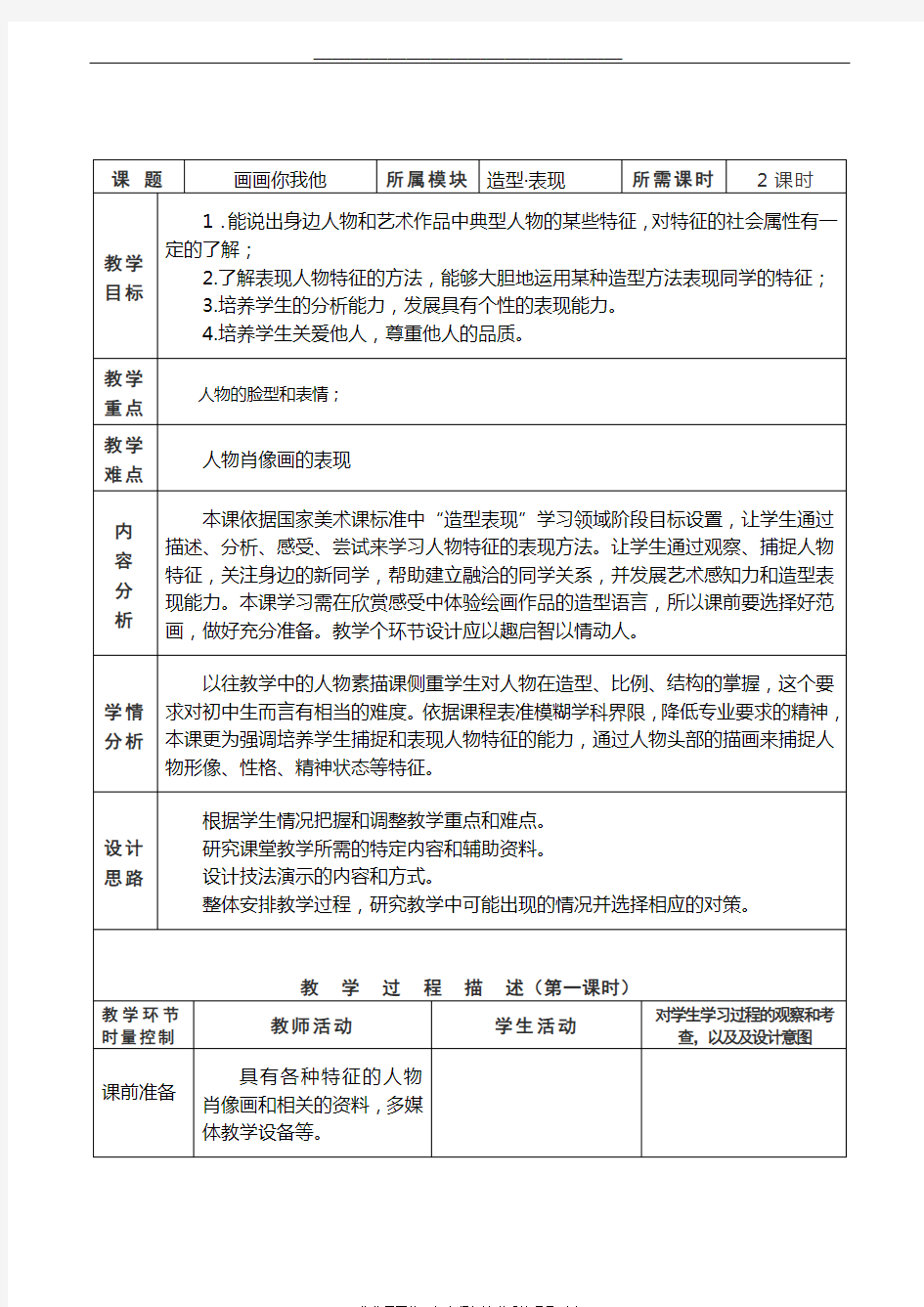 最新初一美术第一课《画画你我他》1、2课时