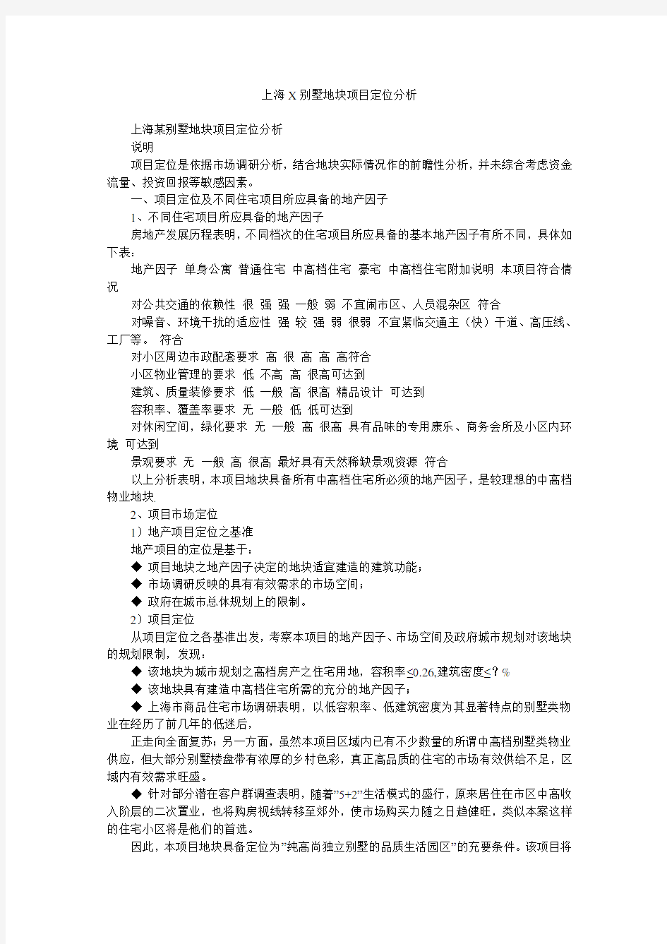 上海X别墅地块项目定位分析