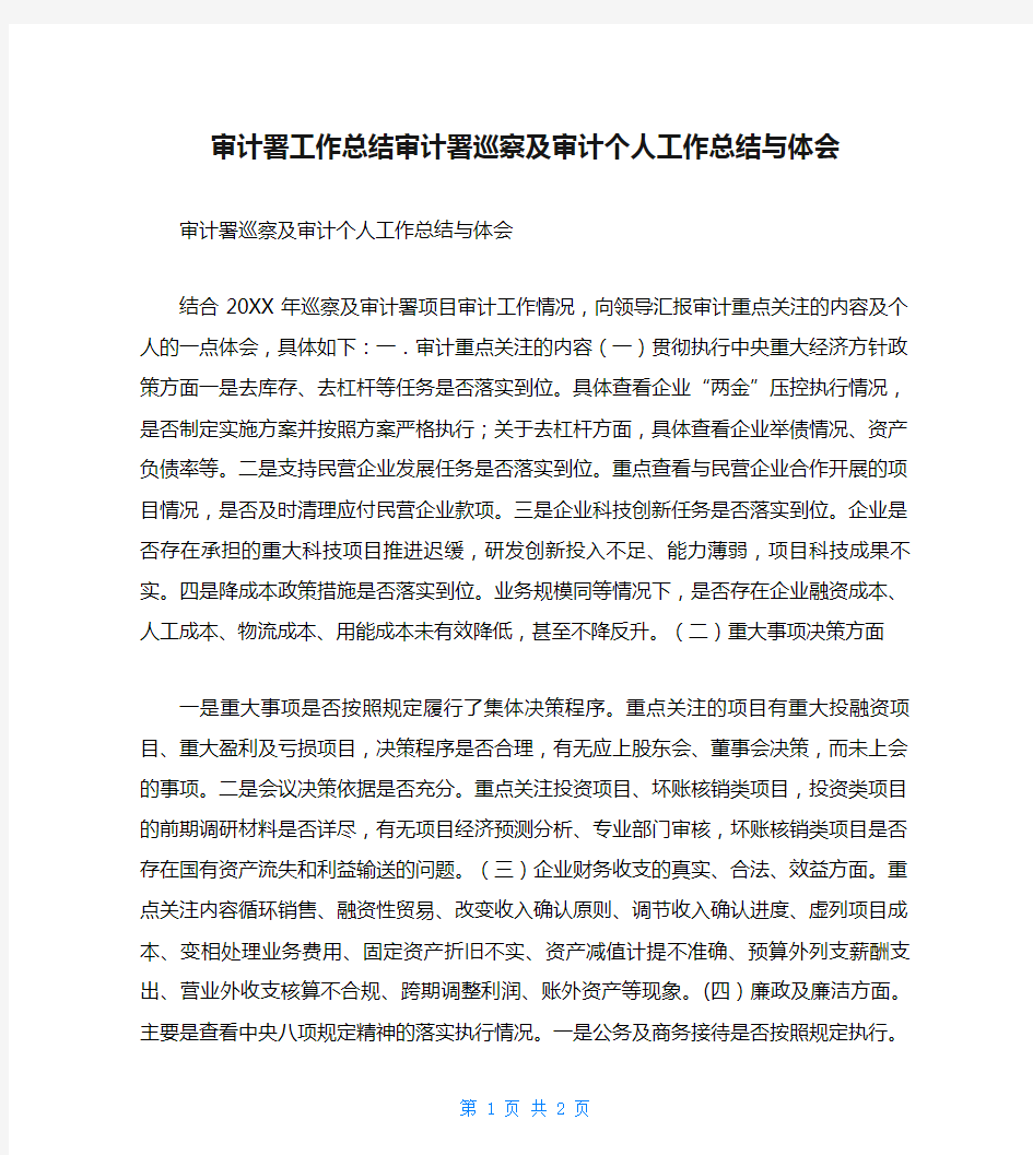 审计署工作总结审计署巡察及审计个人工作总结与体会