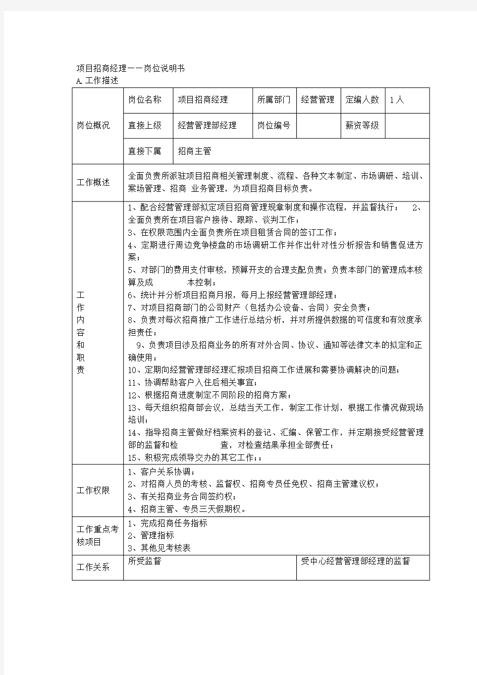 项目招商经理——岗位说明书