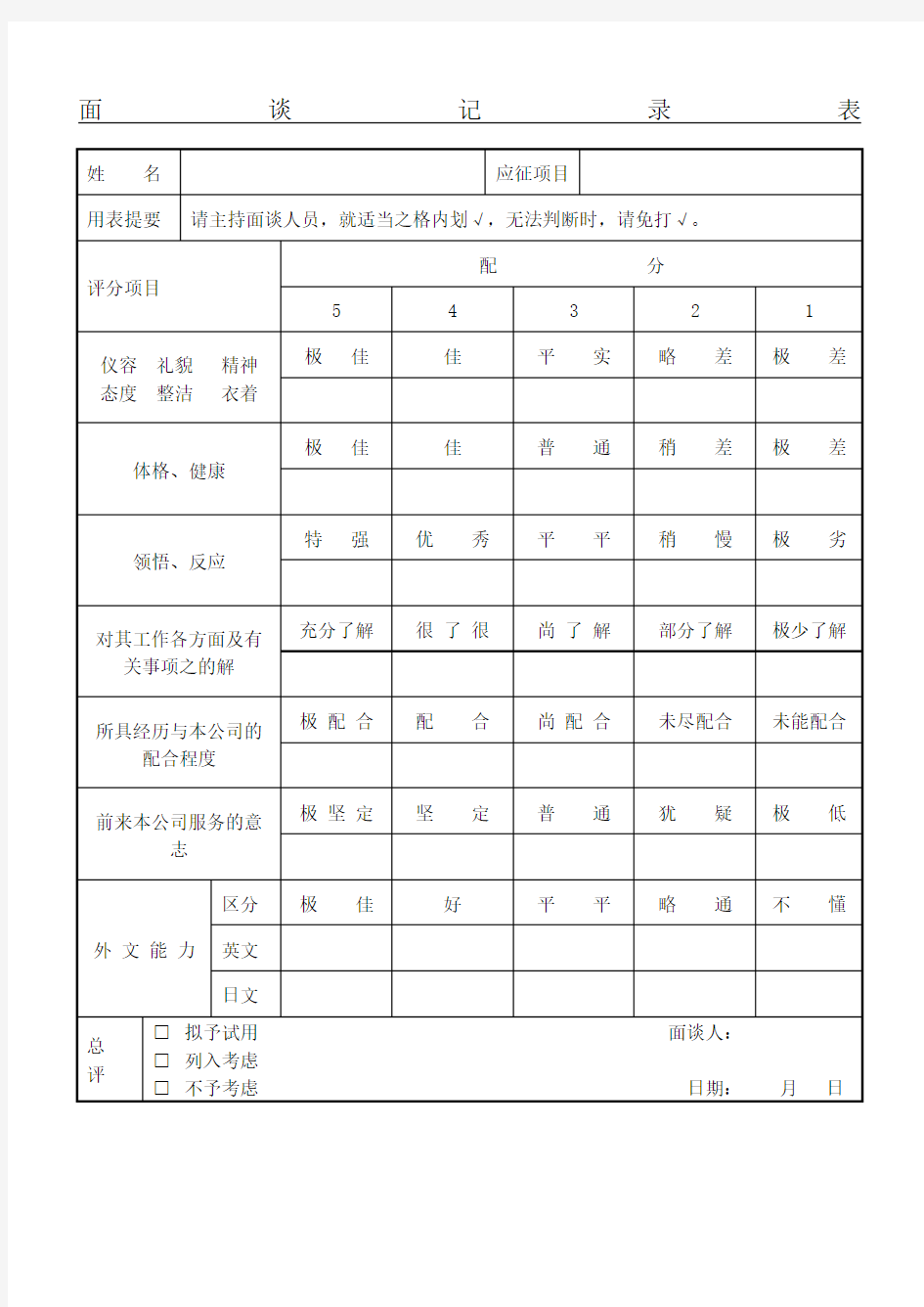 面谈记录表表格模板