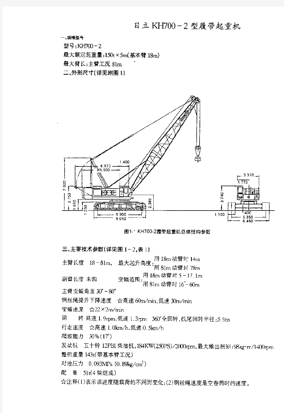 KH700-2 150T履带吊吊车性能表