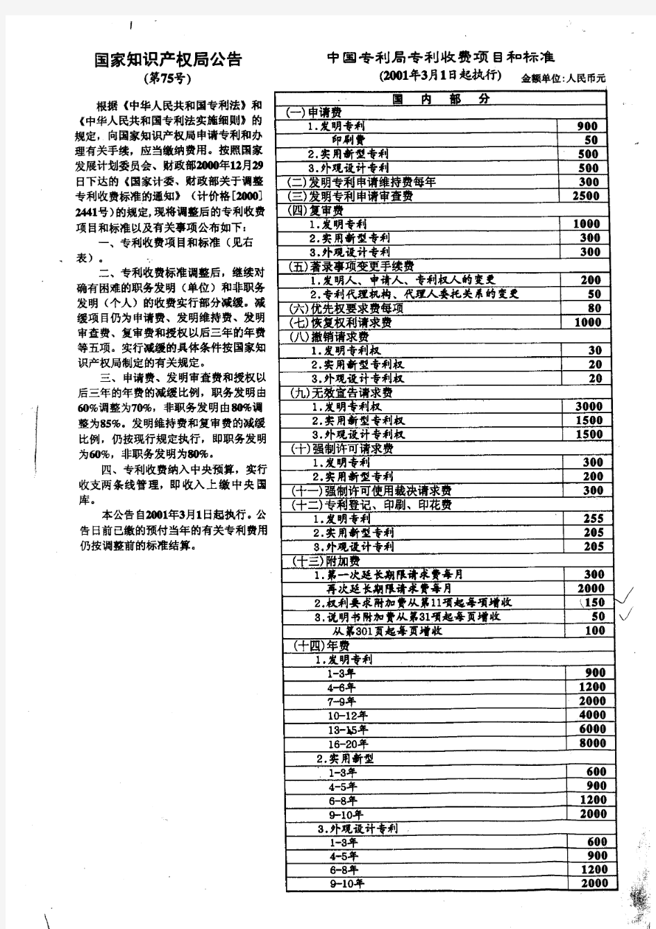 75号公告——中国专利局专利收费项目和标准