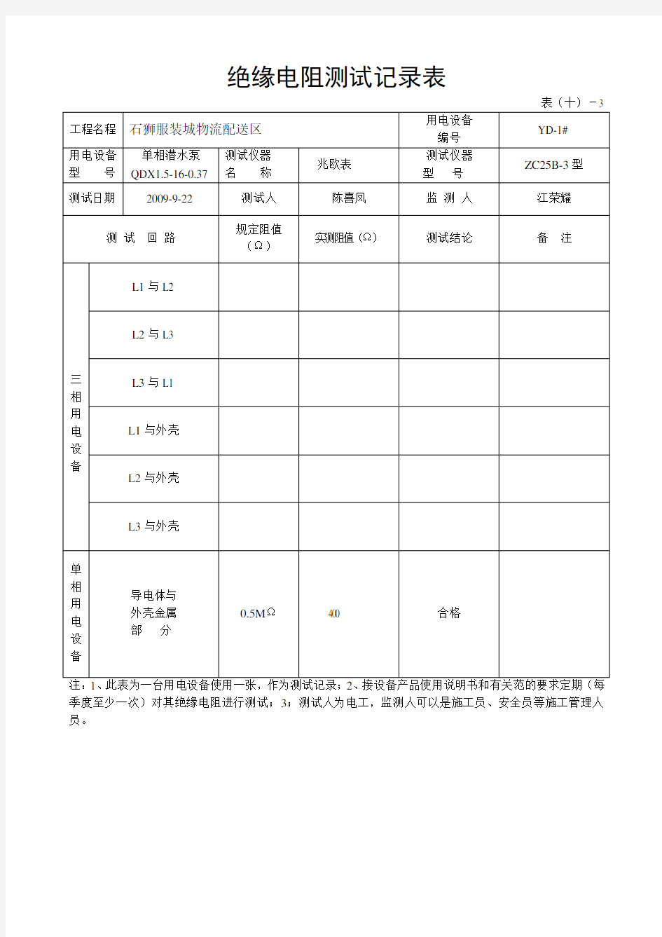 绝缘电阻测试记录表