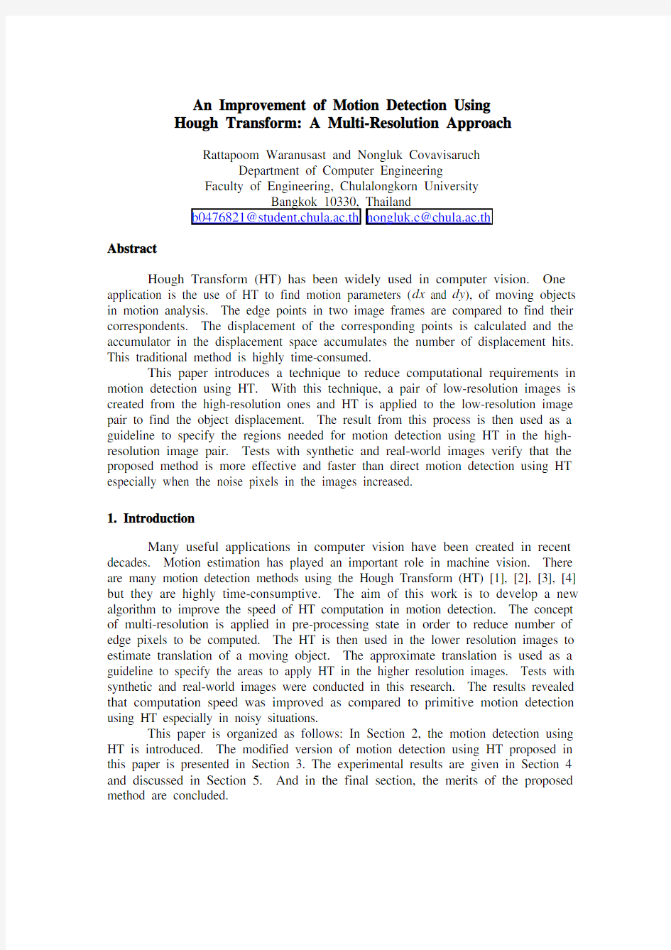 Abstract An Improvement of Motion Detection Using Hough Transform A Multi-Resolution Approa