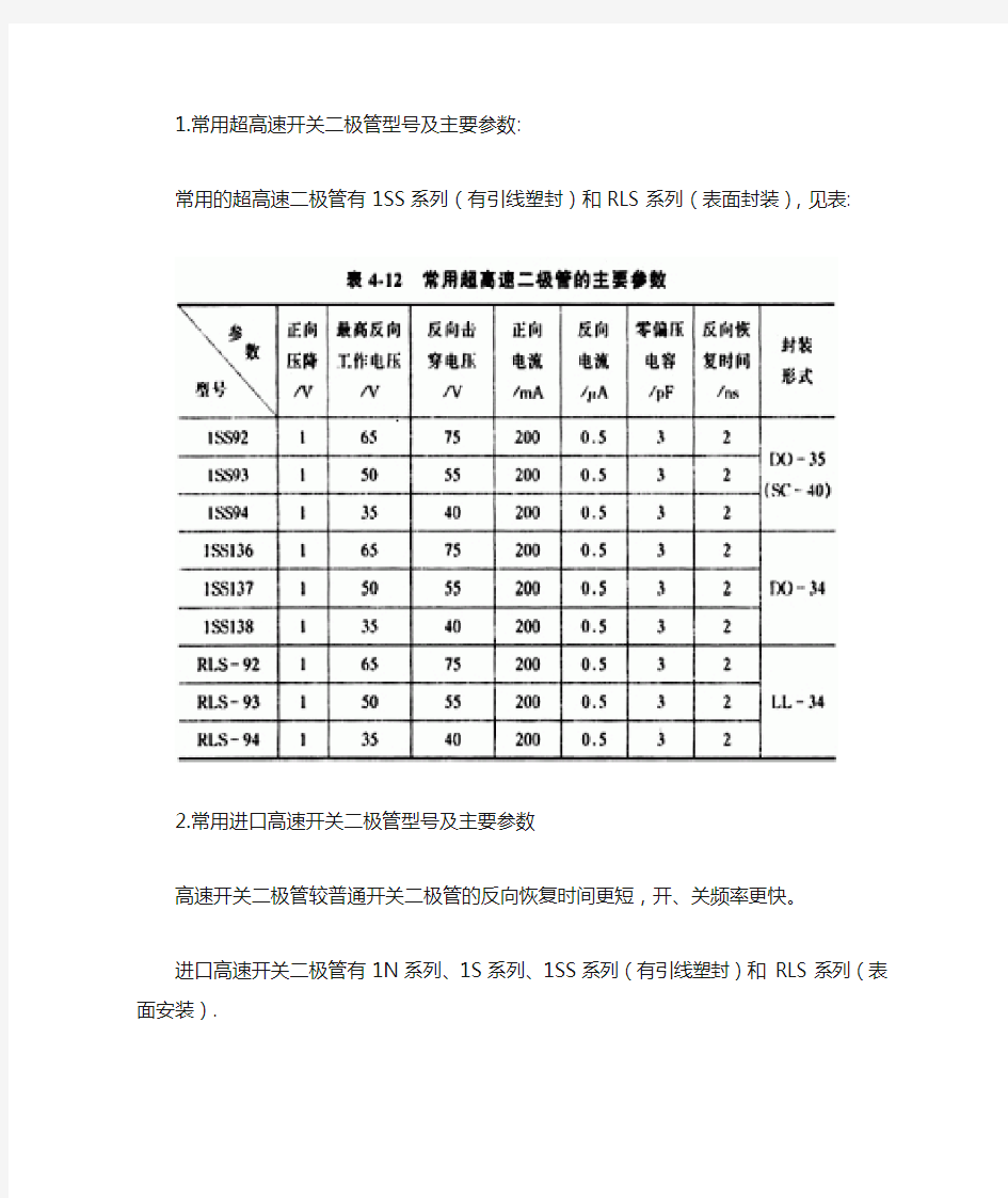 常用开关二极管型号及主要参数