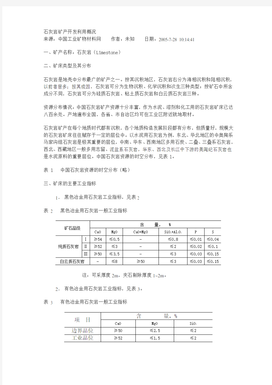 石灰岩矿产开发利用概况