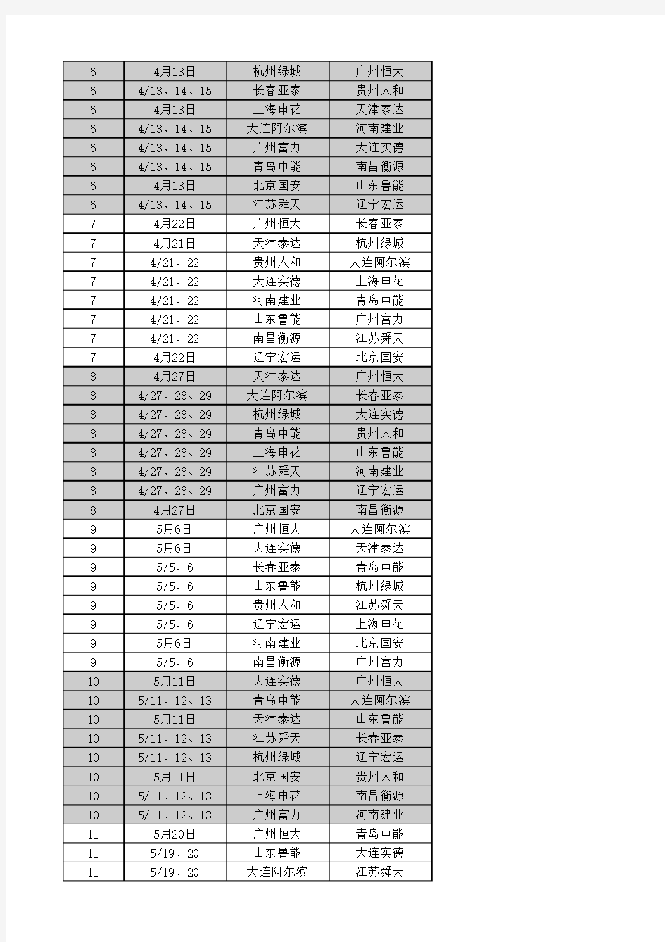 2012-2013中超联赛完整赛程表