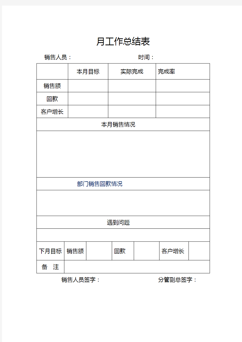 销售主管人员月工作总结和计划安排表格