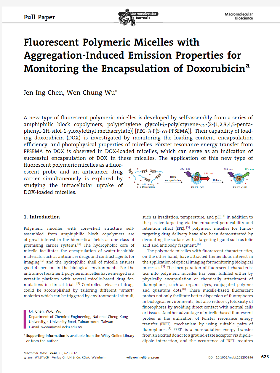 Fluorescent Polymeric Micelles with Aggregation-Induced Emission Properties for Monitoring the