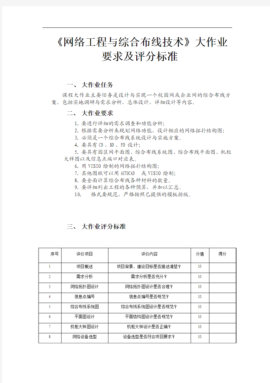 《网络工程与综合布线技术》大作业要求及评分标准