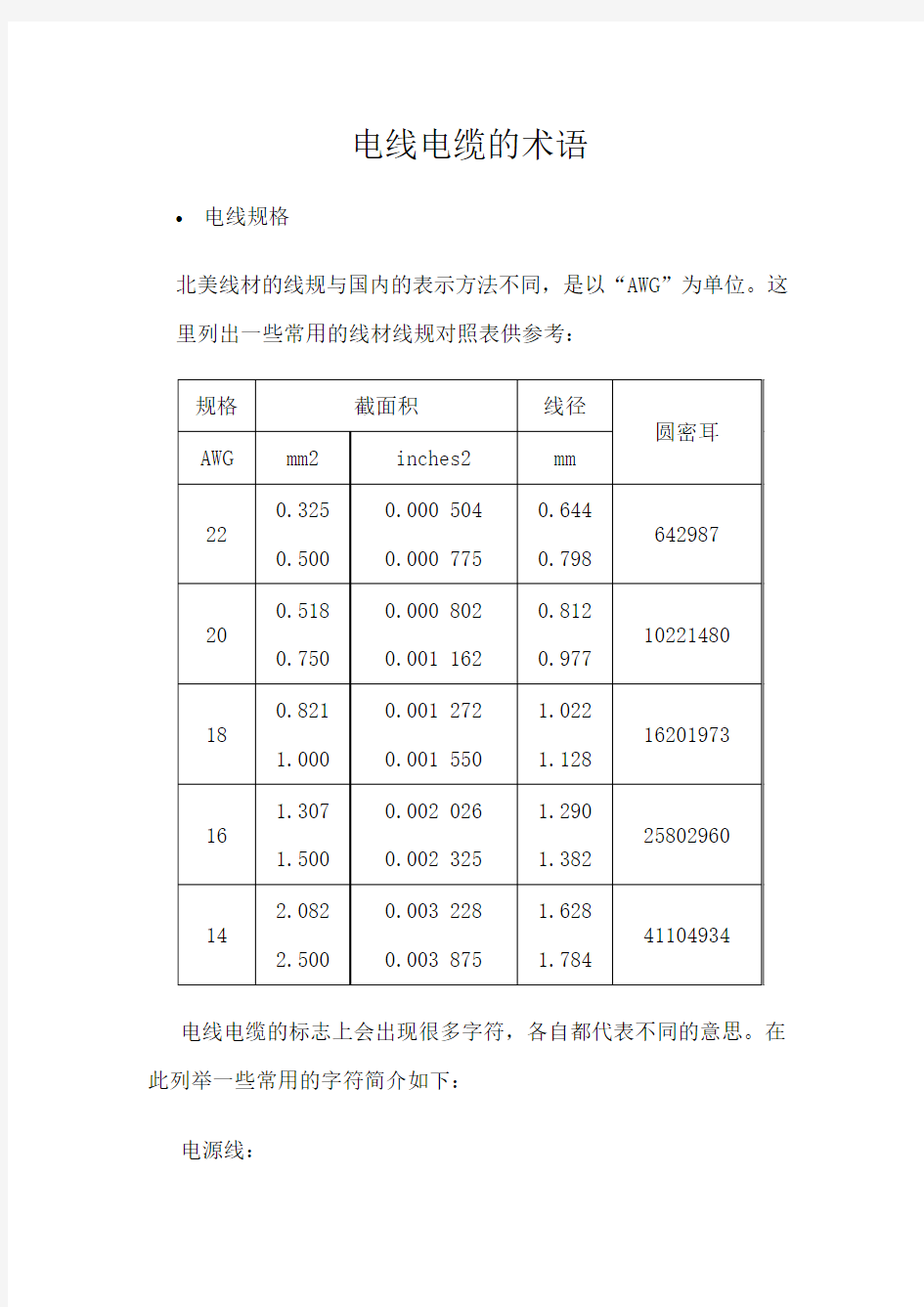 电线电缆的术语及规格