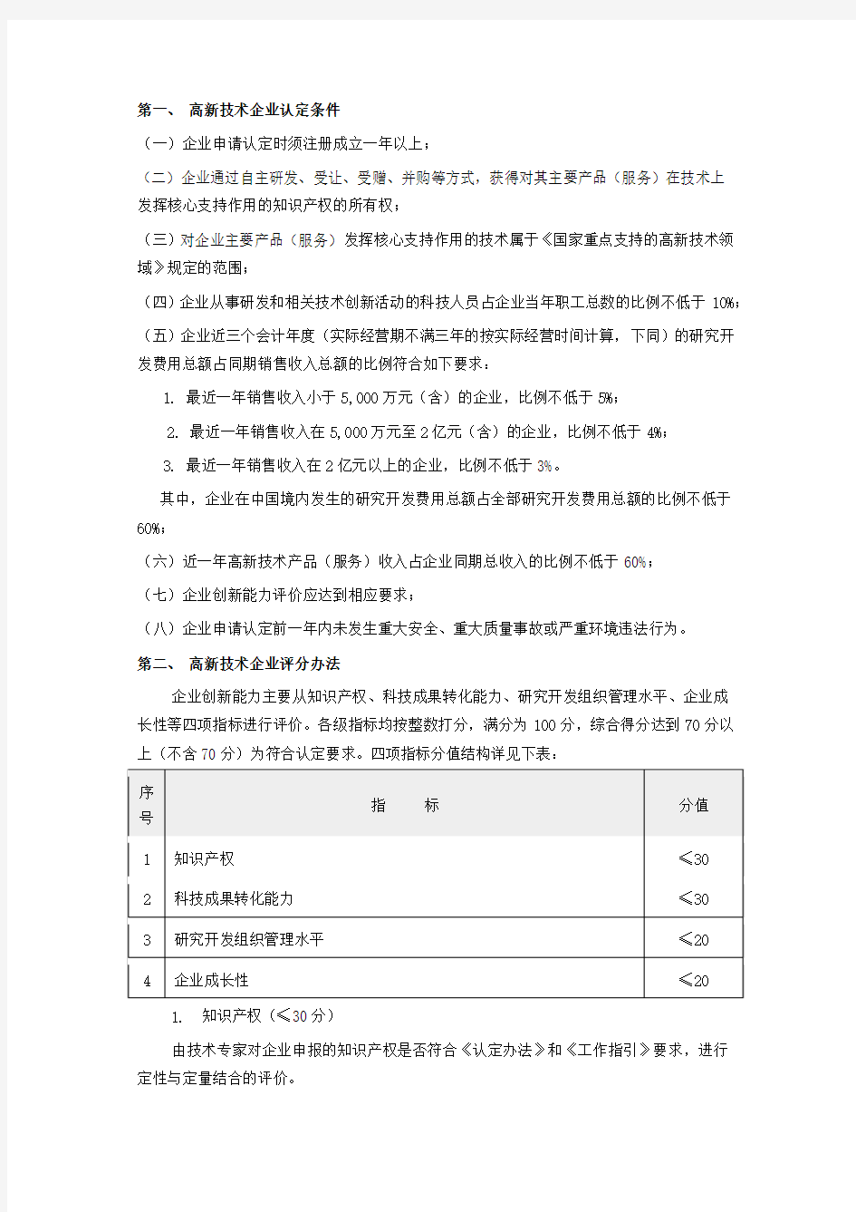 国家高新技术企业认定条件评分办法