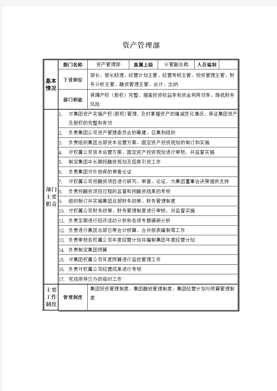 XX集团公司资产管理部部门职责