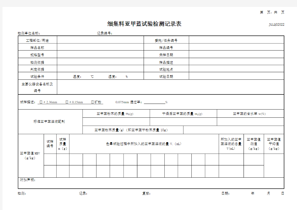 细集料亚甲蓝试验检测记录表