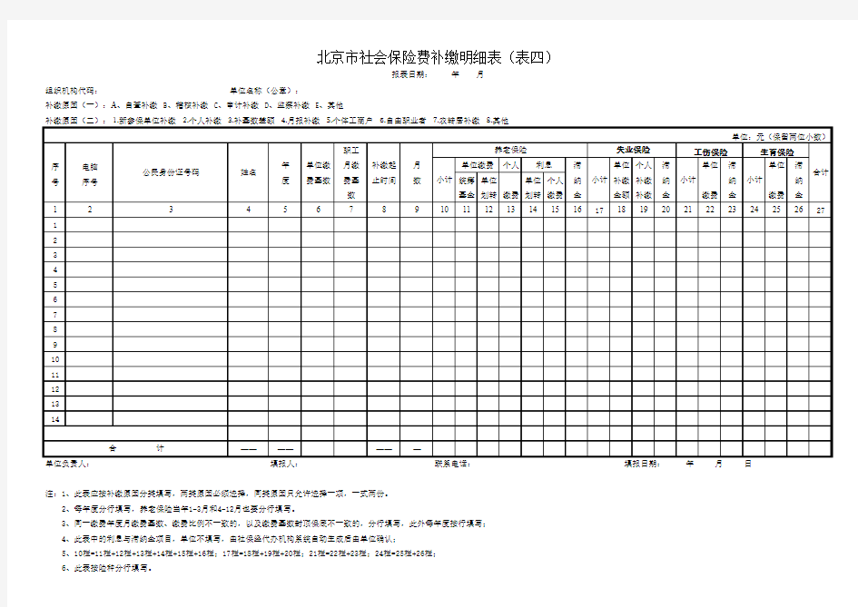 北京市社会保险费补缴明细表(表四)