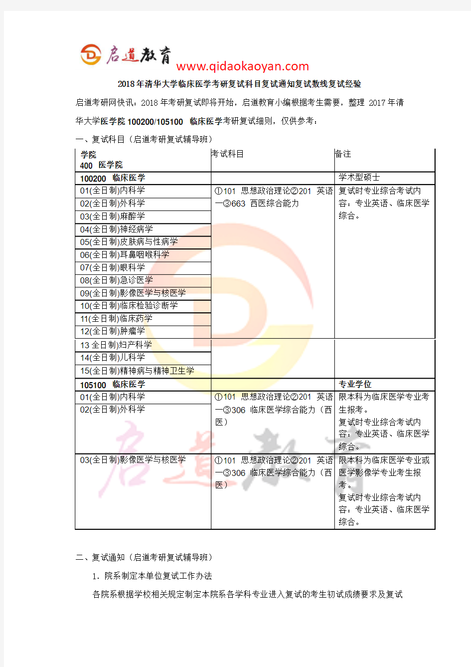 2018年清华大学临床医学考研复试科目复试通知复试数线复试经验