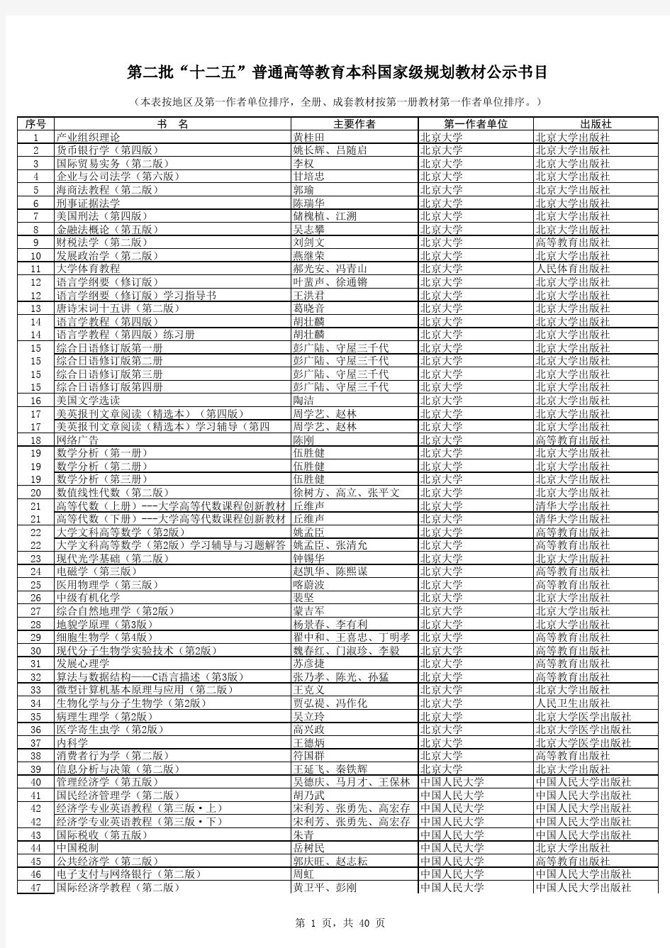 普通高等教育本科国家级规划教材公示书目