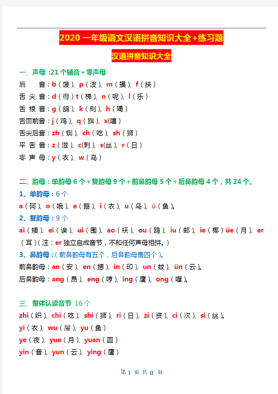 一年级语文汉语拼音知识大全+练习题