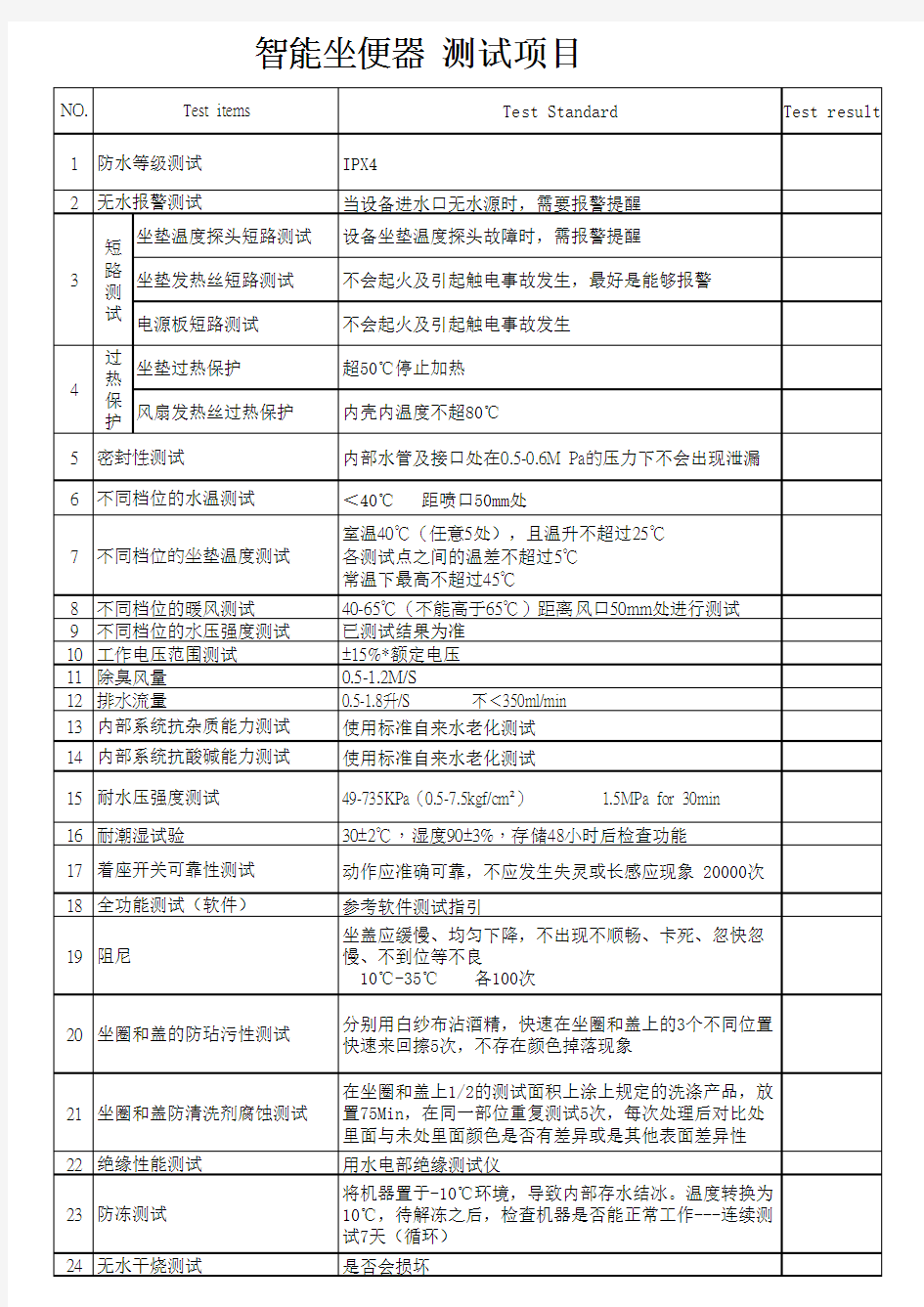 智能坐便器品质测试实验项目