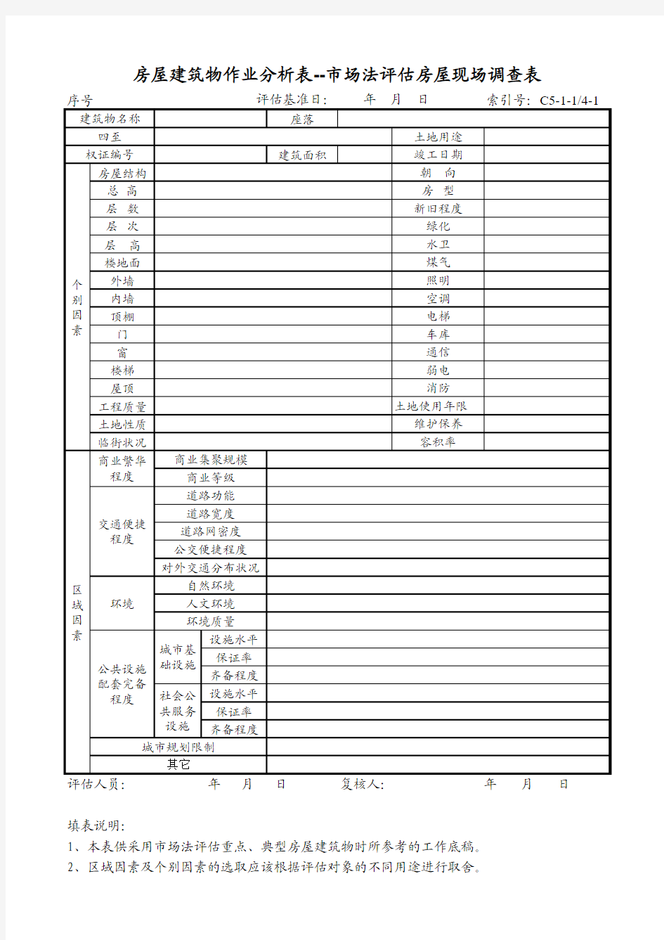 市场法评估房屋现场调查表