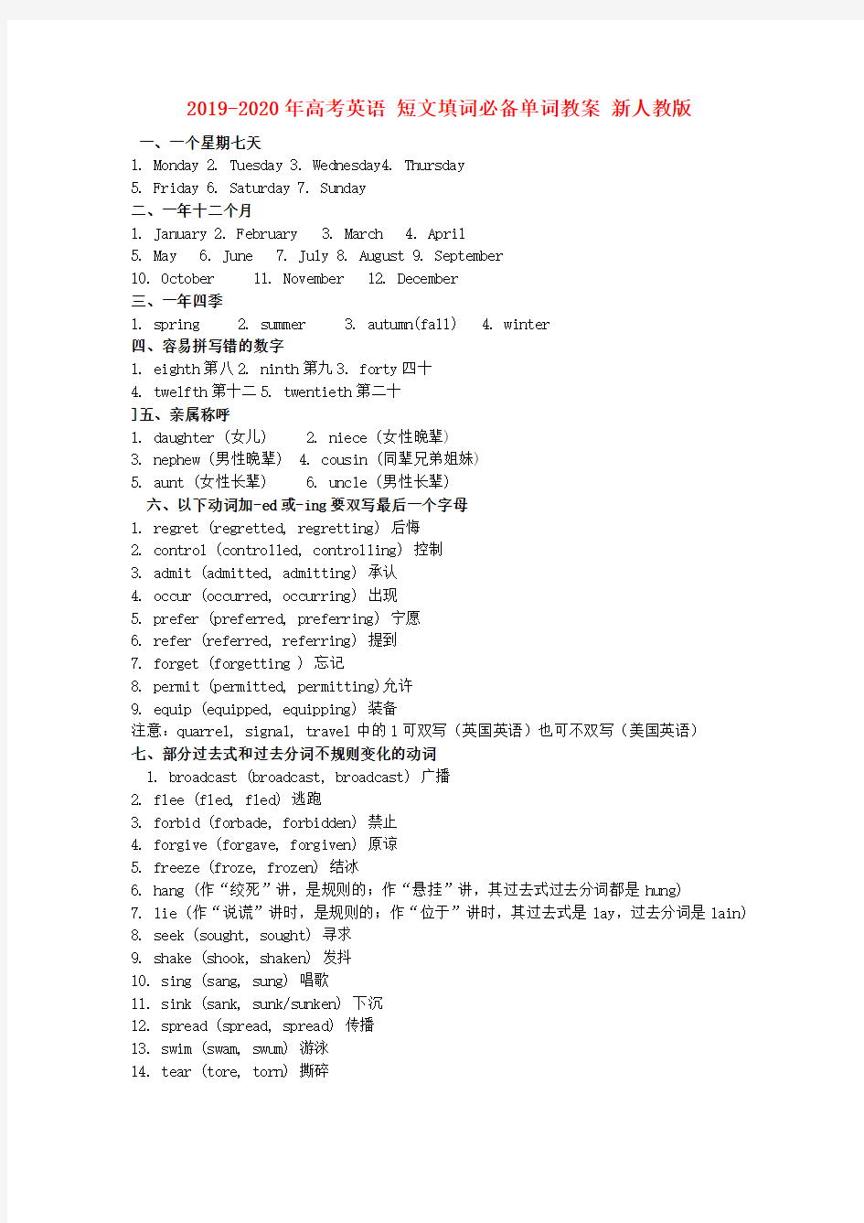 2019-2020年高考英语 短文填词必备单词教案 新人教版