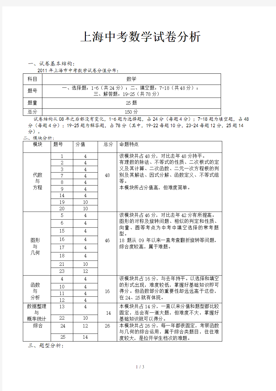 上海中考数学试卷分析