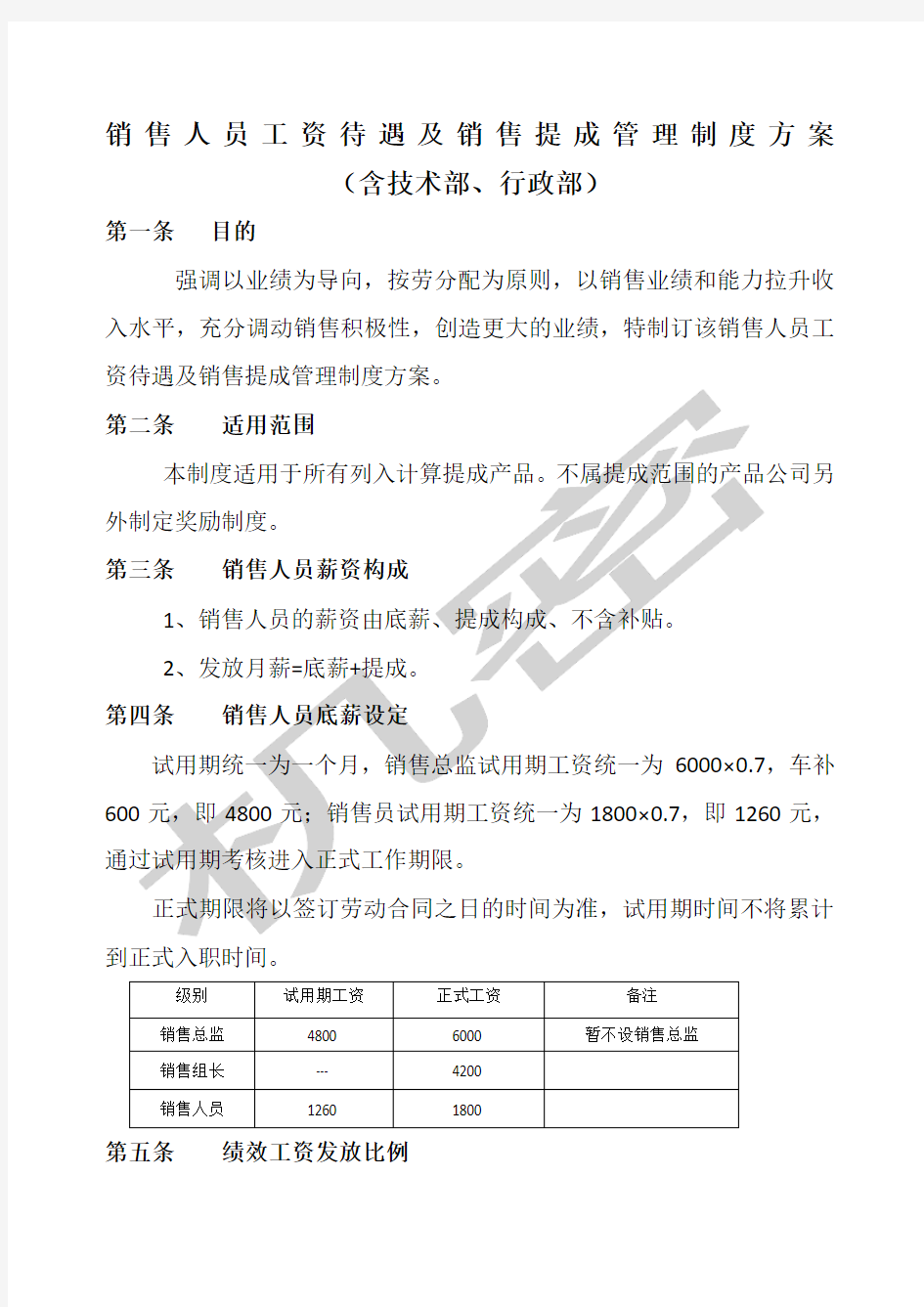 销售人员工资待遇及销售提成管理制度方案