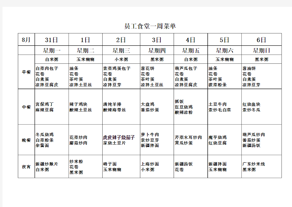 员工食堂菜单