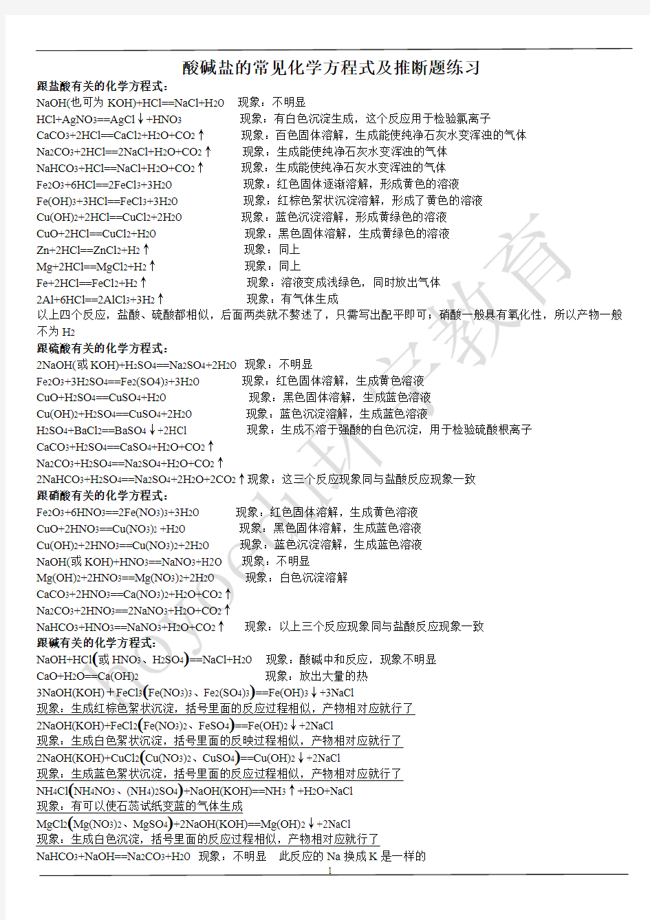 酸碱盐的常见化学方程式及推断题练习[1]